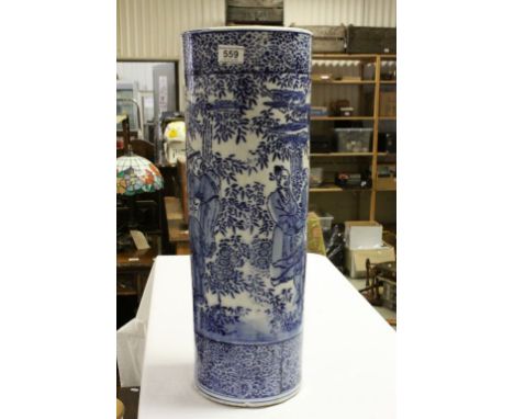 Large vintage blue & white Oriental ceramic umbrella stand with Figural decoration