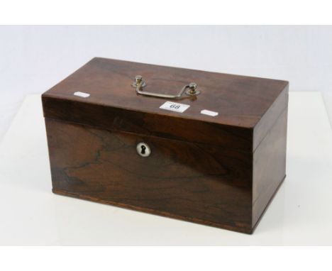 Georgian Rosewood Tea Caddy with original fitted interior and hallmarked Silver carry handle to lid