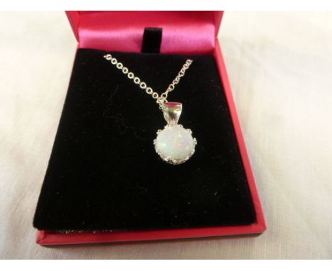 Silver Opal Drop Pendant Necklace on Silver Chain chased