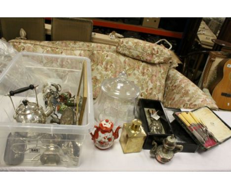 Box of mixed collectables to include a Brass tea caddy, Silver hand mirror, Silver plate, Glass punch bowl with glasses etc