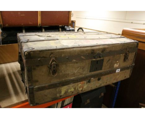 Vintage Canvas covered Cabin trunk with Wood & Metal banding plus various travel labels