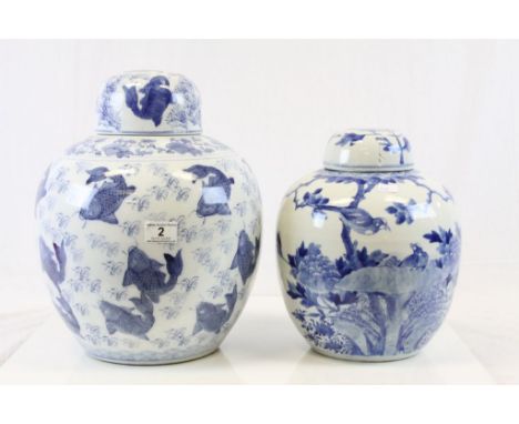 Two large Oriental ceramic blue and white Ginger jars with lids to include one depicting Birds with four character mark to ba