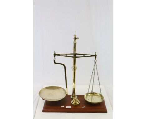 Vintage set of Brass Tobacco or Snuff Scales with wooden stand and Brass weights, maker marked "Parnalls Bristol"