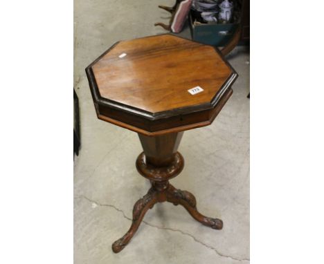 Victorian Walnut Octagonal Sewing Table raised on Carved Tripod Legs