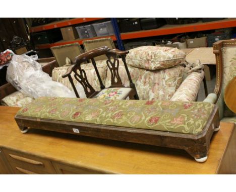 19th century Long Footstool with Woolwork Upholstered Seat and raised on four white ceramic feet, approx. 120cms long