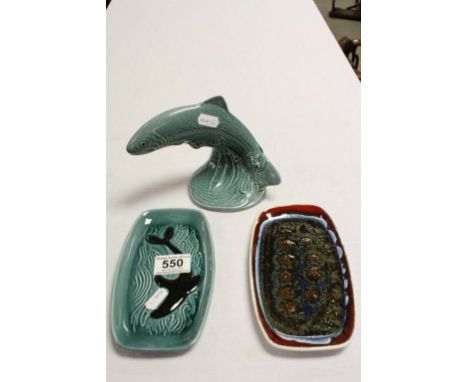 Two Poole Pottery pin trays and a model of a Fish