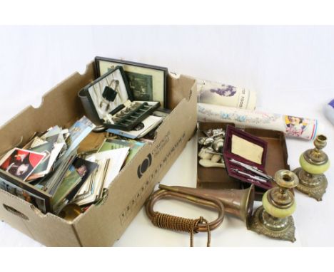 Box of Mixed Collectables to include Bugle, Postcards, Candlesticks. Draughts and Chess Pieces, etc
