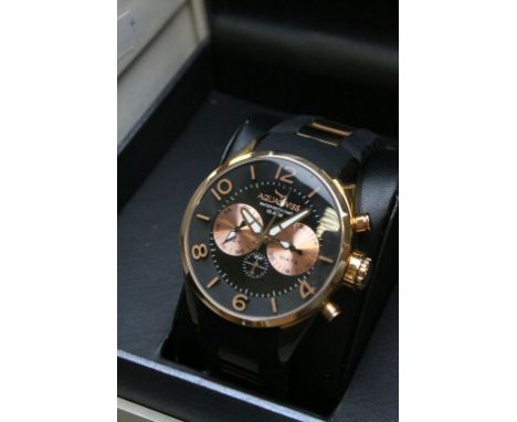 A Gents Aquaswiss wristwatch, Day Date dials, black and copper dials, copper coloured Arabic numerals to outer chapter ring, 