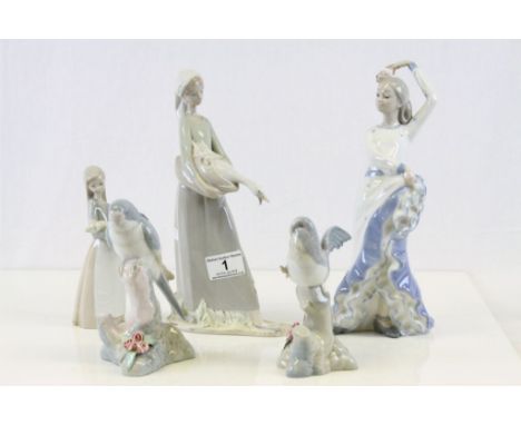 Five ceramic figurines to include Lladro & Nao