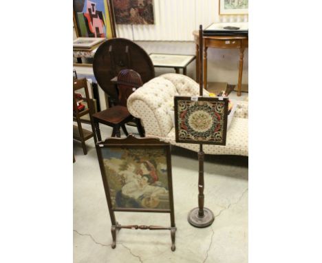 Early 19th century Mahogany Pole Screen with Square Needlework Panel together with an Early 20th century Firescreen with Wool