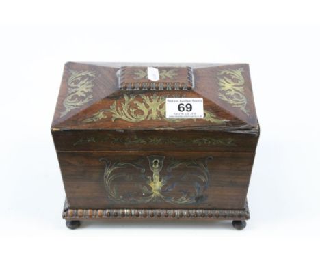 19th Century Brass inlaid Rosewood Tea Caddy with part fitted interior