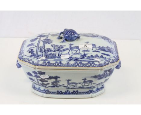 Oriental blue & white ceramic covered Dish with Animal Masque handles and a Deer in Landscape design