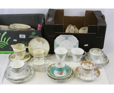 Three boxes of ceramic part Teasets to include; Grafton "Minster", Jackson & Gosling "Ye Olde English" etc