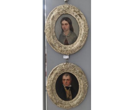 A pair of portrait oils depicting Sir Walter Scott and his daughter, each 20 x 17 cm