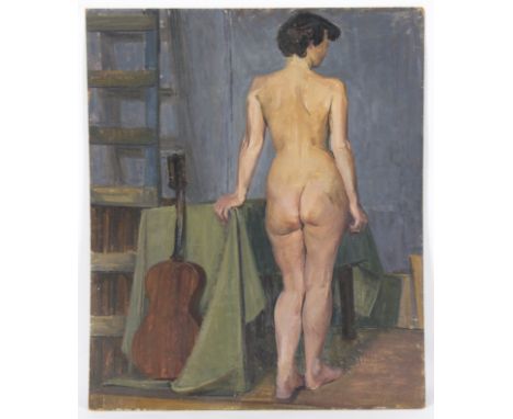 Constance B Nash (British 1921-2015)/Female Nude with Guitar/oil on board, 76cm x 63cm and/three other female nude studies on