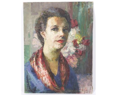 Constance B Nash (British 1921-2015)/The Chinese Scarf, a Self Portrait/signed/oil on board, 61cm x 46cm and/Self Portrait wi