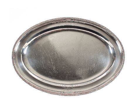 Royal Naval interest: A George III oval silver meat dish, W S, London 1805, of oval form with gadrooned edge inscribed 'Prese