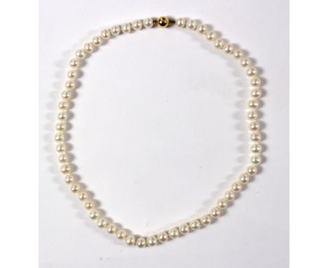 A cultured pearl necklace, with 9ct gold ball shaped clasp, 45cm long