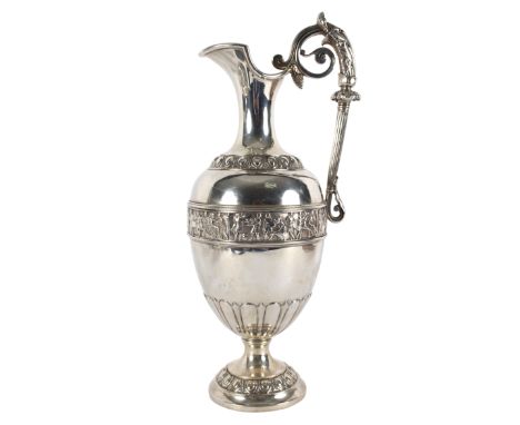 A Victorian silver claret jug, Elkington & Co Ltd, Birmingham 1892, of ewer shape with leaf capped scroll handle and band of 