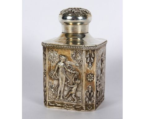 A French silver tea caddy, the leaf embossed stopper to four panel sides depicting the four seasons, 14cm high, approximately