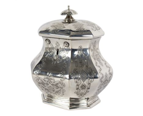 An early Victorian silver tea caddy, Charles Riley & George Storer, London 1838, of octagonal form, 15cm high, approximately 