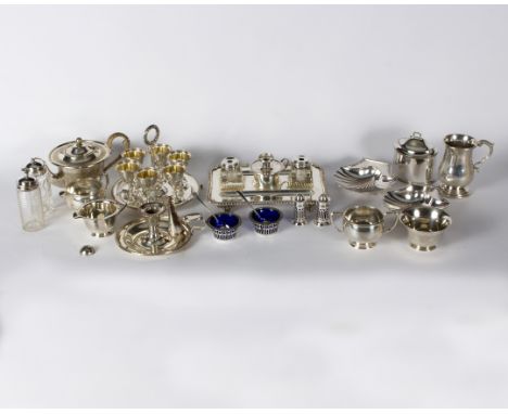 A quantity of silver plated wares, including an Elkington & Co. egg cup stand and six egg cups