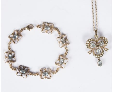 An aquamarine and cultured pearl pendant of trefoil form with dropper on a 9ct gold mount and chain and a similar bracelet