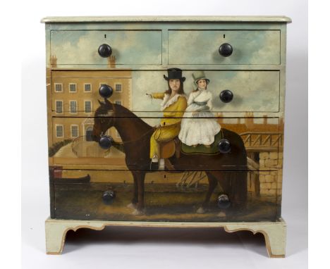 A painted chest, of two short over three long drawers, painted a woman on horseback, 94cm wide   Condition Report:  The top i