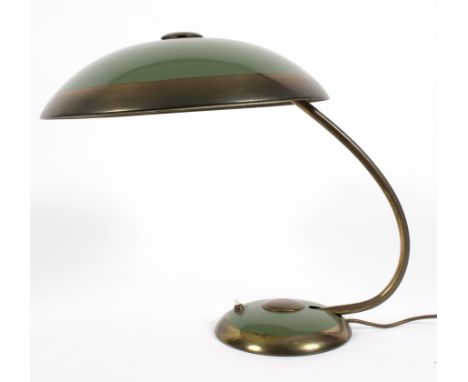 Helo Leuchten/Early to mid 20th Century desk lamp/the circular brass shade painted green, conforming base, 43cm high