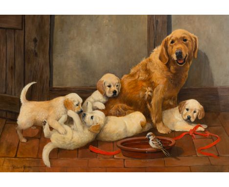 Richard Britton (British, born 1931)/Flying Visit/(puppies playing, a bird perched on their water bowl)/signed/acrylic on boa