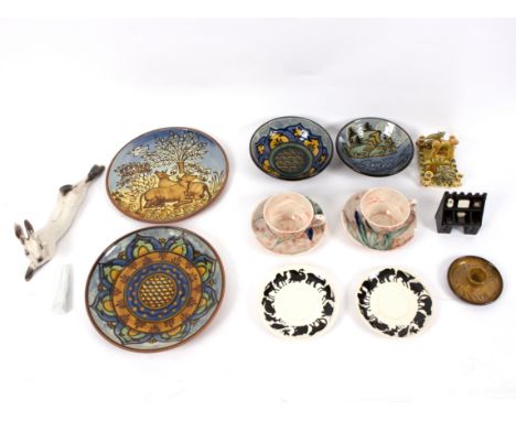 A group of studio pottery to include four earthenware pieces by Hans Ullrich, two cups and saucers by Lotonia and a Sarah Mon