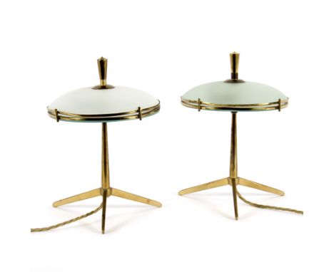 A pair of Italian mid 20th Century bedside lamps, with brass triform bases, and circular frosted shades, 26cm high/see illust