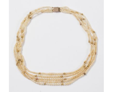 A multi-strand seed pearl necklace with graduating sizes to the five strings and another single strand necklace