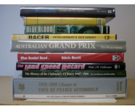 9 MOTOR SPORT THEMED BOOKS INC. '1899-1986' TOUR DE FRANCE AUTOMOBILE BY LOUCHE 'WHEN NUVOLARI RACED.... BY MORETTI 