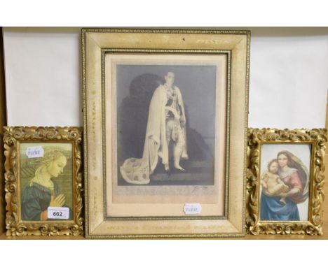 A photographic portrait, indistinctly signed and dated 1937, in Morroco leather frame, and two religious prints, in Florentin