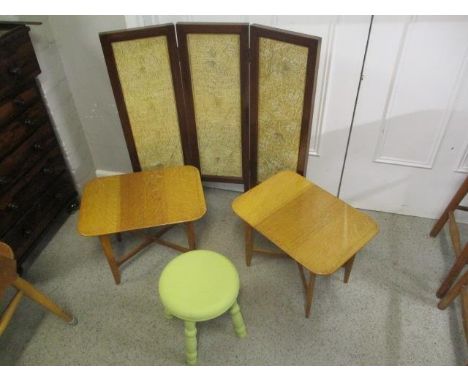 Small furniture to include a three fold fire screen, a pair of tables and a stool 