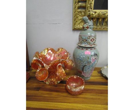 A late 19th century Satsuma vase and cover decorated with warriors and Marigold Carnival glass to include a punch bowl and cu