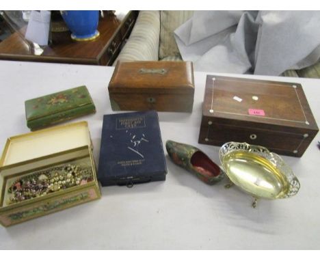 A mixed lot to include a mother of pearl and pewter inlaid rosewood box, costume jewellery and other items 