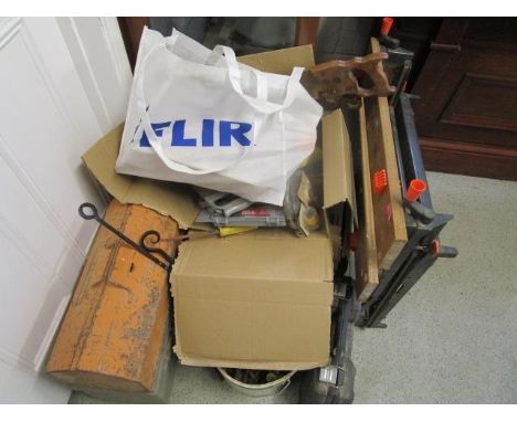 A mixed lot of tools to include a Black and Decker 62 Workmate and other items 