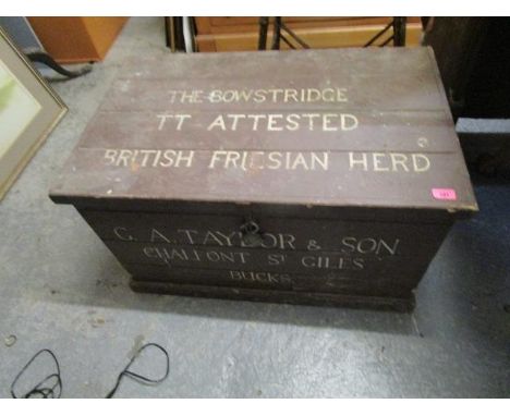 A late 19th/early 20th century painted wooden trunk with lettering to the front and lid reading The Bowstridge TT Attested Br