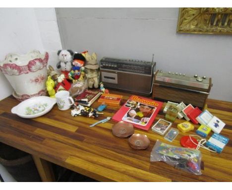 A mixed lot of various items to include a Telefunken and a Fidelity Rad 15 radio, child's china, toys, playing cards and othe