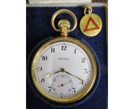 A Vertex gold plated pocket watch with 15 jewel movement, white enamel Arabic dial, off set seconds at 6, presentation inscri