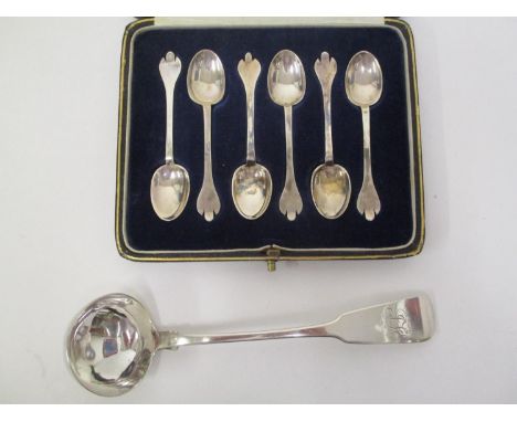 A set of six trefoil pattern silver teaspoons and a Scottish silver ladle 