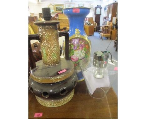 A large Continental ceramic vase with cornflower blue background with a gilt and painted floral design, together with a retro