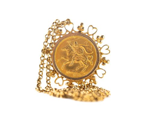 ISLE OF MAN GOLD HALF SOVEREIGN DATED 1974, mounted in a nine carat gold pendant, on a nine carat gold chain, 11.9g gross