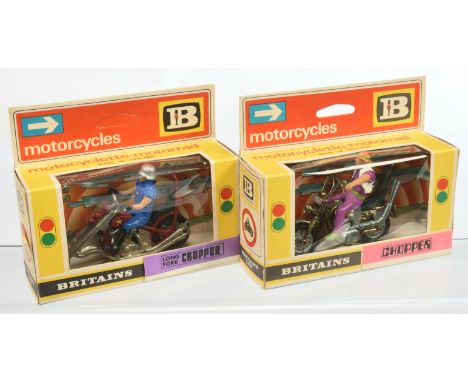 Britains 9677 Long Fork Chopper - dark red frame with rider and 9680 Chopper - Gold frame with rider - conditions are general