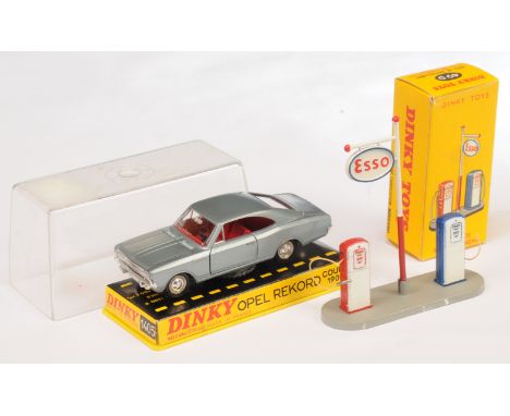 French Dinky toys A Pair - (1) 49D Petrol Pumps "ESSO" - red, white and blue with grey base - Good Plus to Excellent (one lea