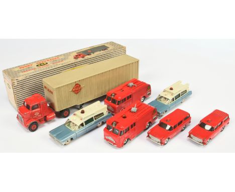 Dinky Toys 948 "McLean" Truck and Trailer - Red cab including plastic hubs - Fair including blue and white striped lift off l