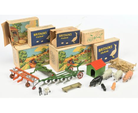 Britains Group Of farm related To include 138F 4 furrow Plough, 175F Cultivator, 136F Roller plus others - conditions are Goo