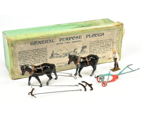 Britains 4F General Purpose Plough To Include 2 X Horses, Red and light blue Plough, and figure Good to Good Plus overall (no
